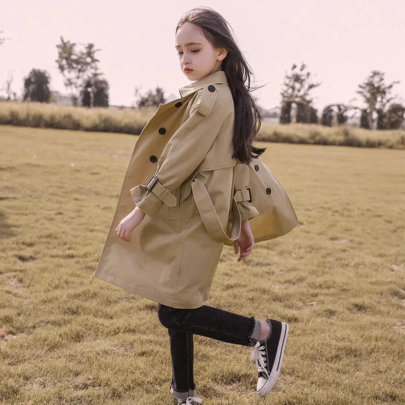 Cotton Teen Girls Long Trench Coats New Fashion England Style Windbreaker Jacket For Girls Children Clothing