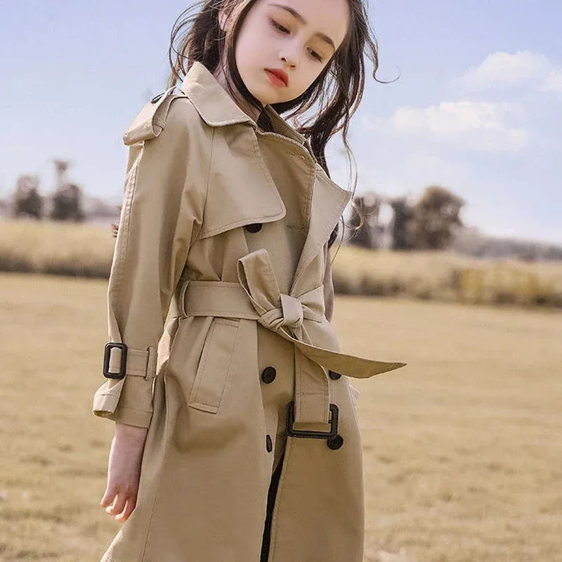 Cotton Teen Girls Long Trench Coats New Fashion England Style Windbreaker Jacket For Girls Children Clothing