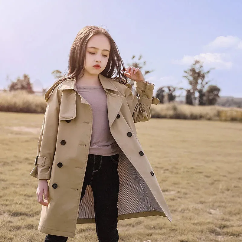 Cotton Teen Girls Long Trench Coats New Fashion England Style Windbreaker Jacket For Girls Children Clothing