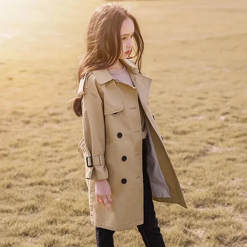 Cotton Teen Girls Long Trench Coats New Fashion England Style Windbreaker Jacket For Girls Children Clothing