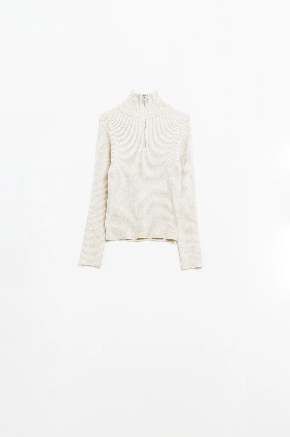 cream ribbed fitted sweater with zip closure