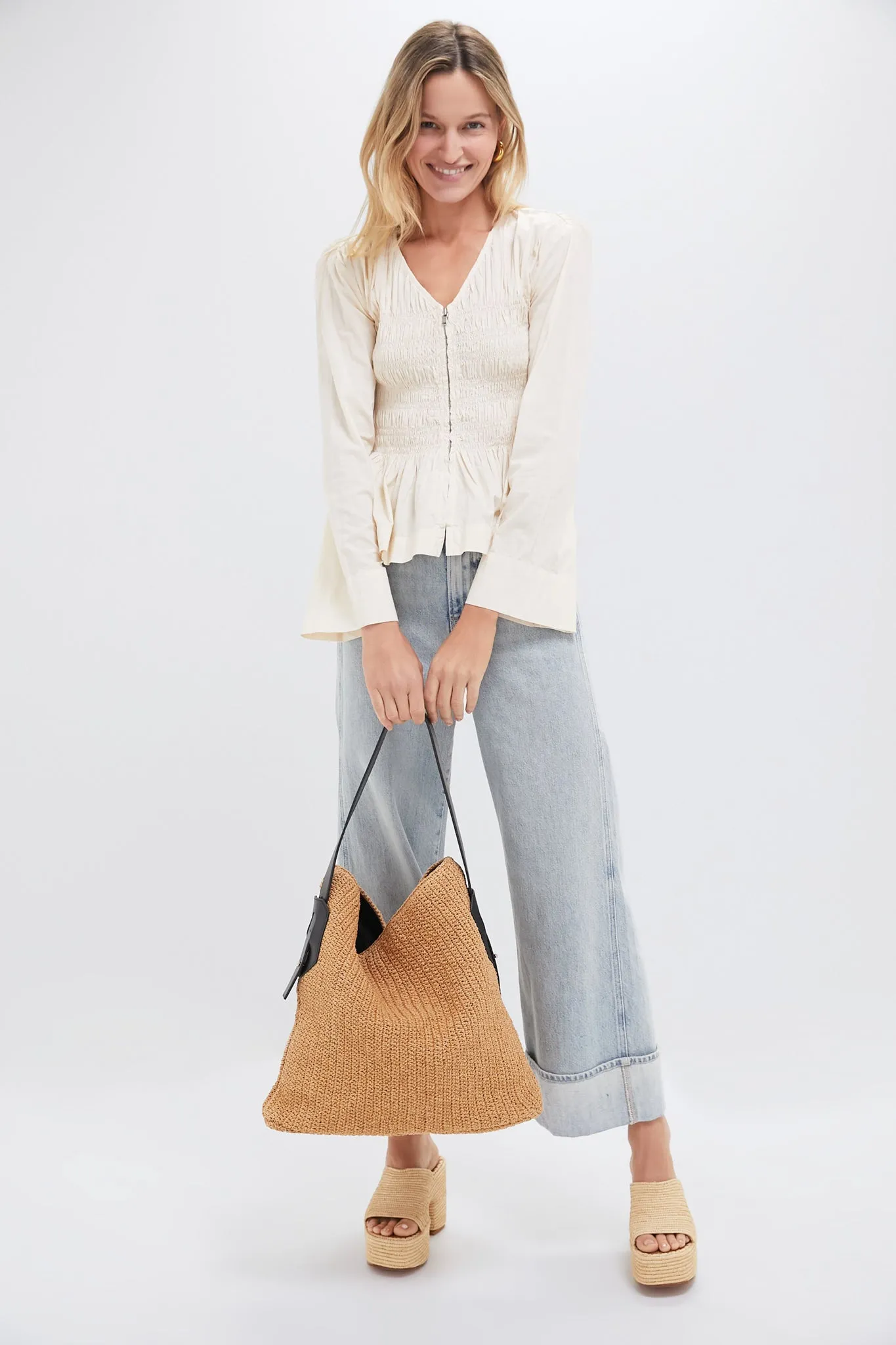 Cream Teri Solid Sportswear Long Sleeve Zip Front Top