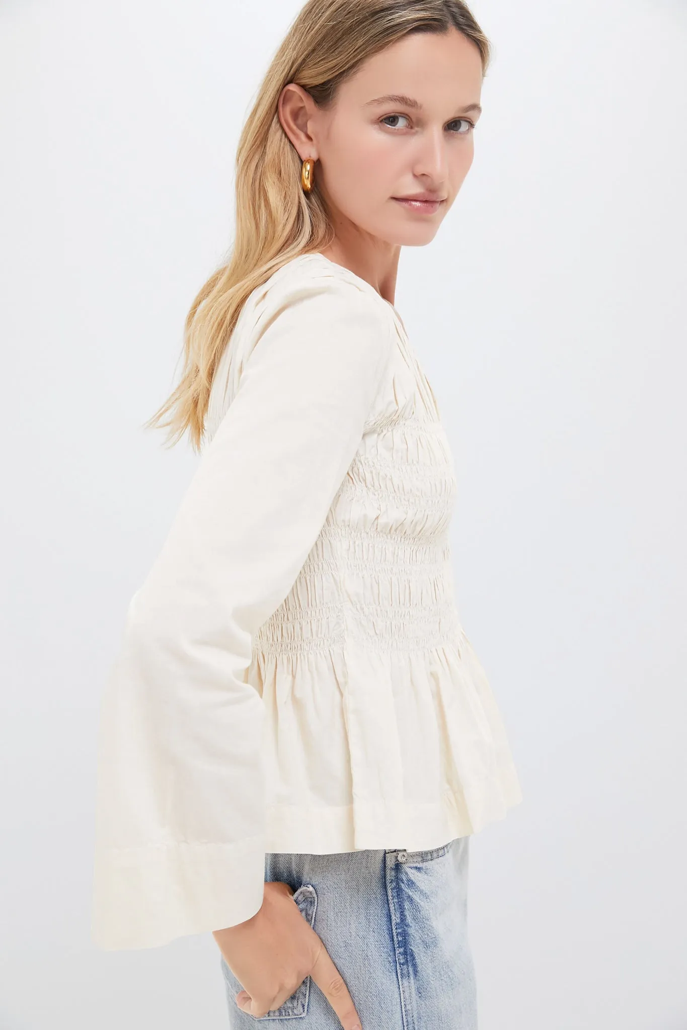 Cream Teri Solid Sportswear Long Sleeve Zip Front Top