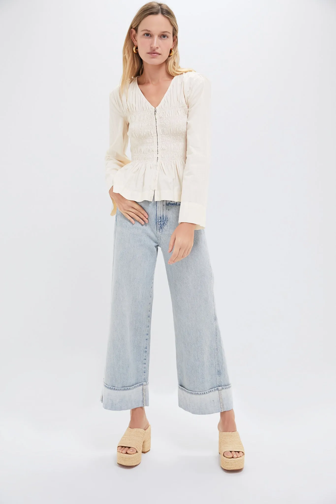 Cream Teri Solid Sportswear Long Sleeve Zip Front Top