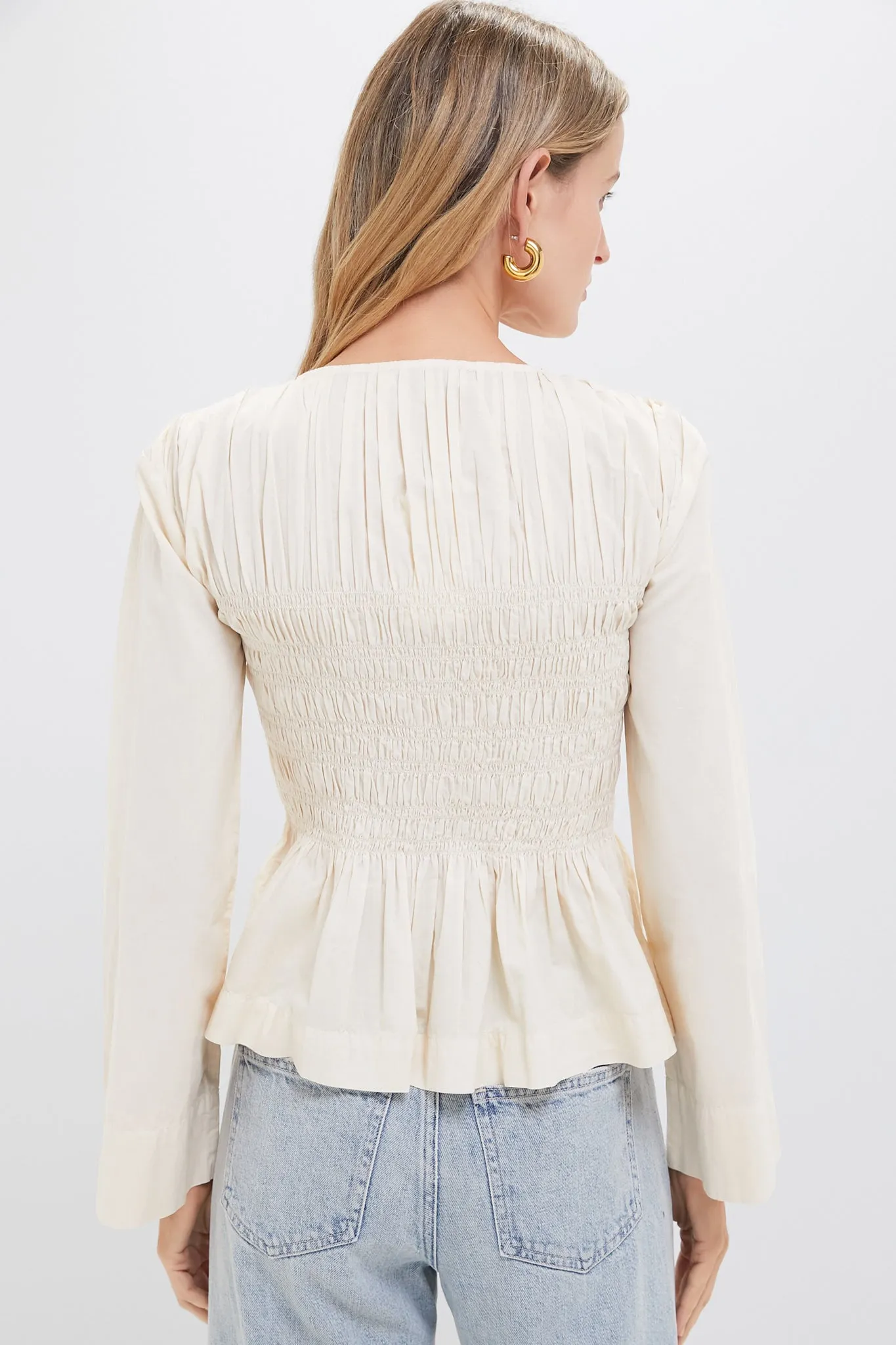Cream Teri Solid Sportswear Long Sleeve Zip Front Top