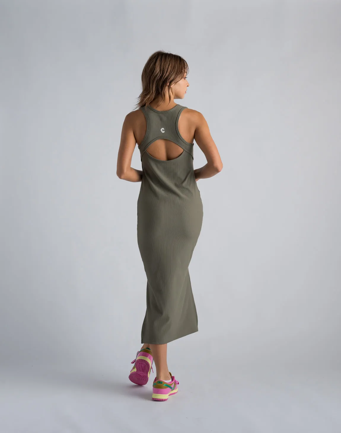 CRONOS WOMEN RIB CUT OUT DRESS【KHAKI】