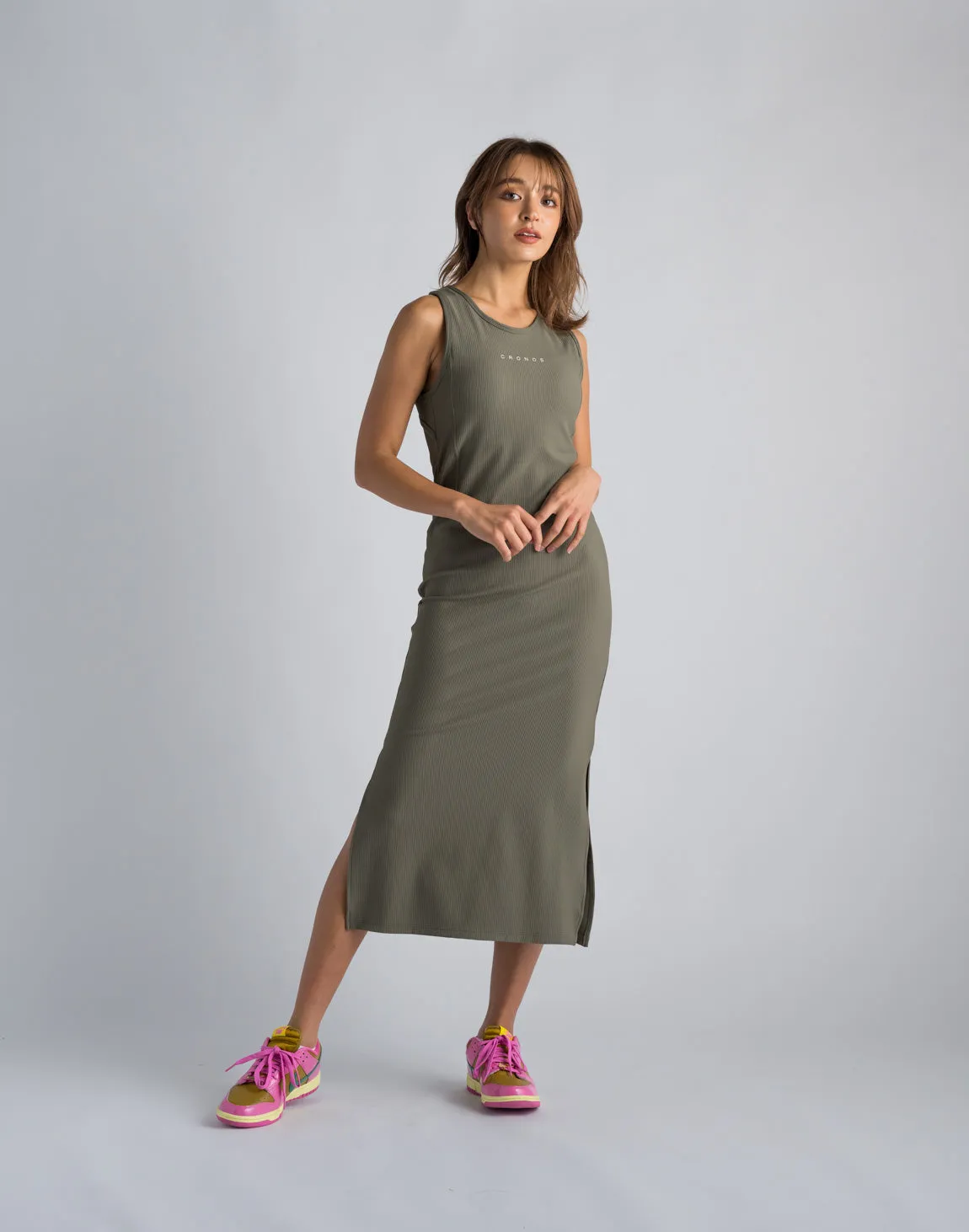 CRONOS WOMEN RIB CUT OUT DRESS【KHAKI】