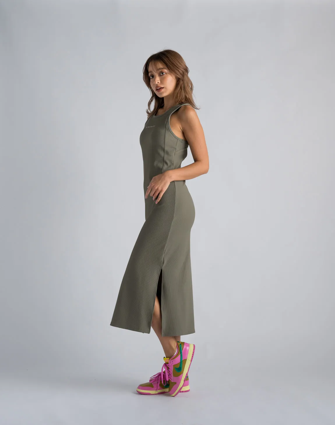 CRONOS WOMEN RIB CUT OUT DRESS【KHAKI】