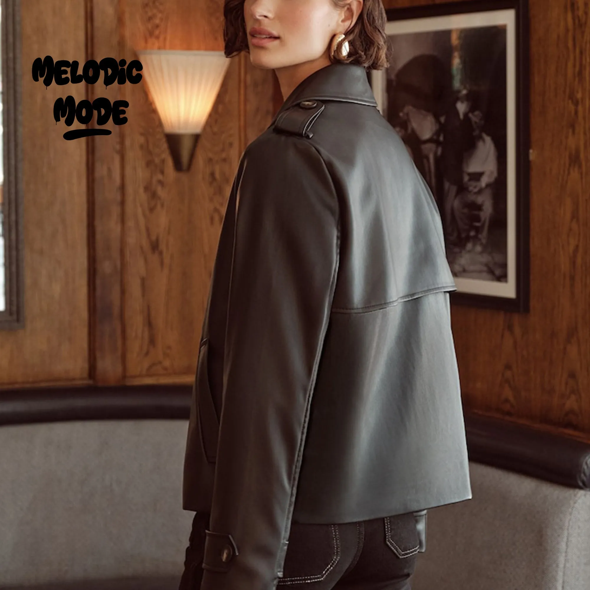 Cropped Faux Leather Trench Coat for Women | Double-Breasted Black Jacket with Wide Lapels and Pockets
