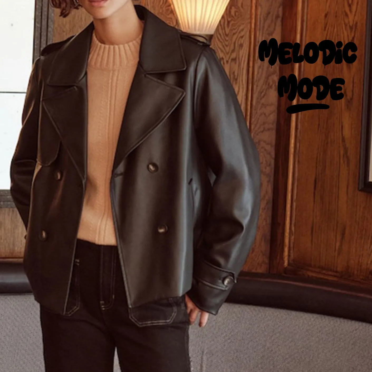 Cropped Faux Leather Trench Coat for Women | Double-Breasted Black Jacket with Wide Lapels and Pockets
