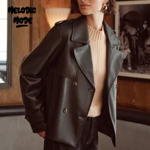 Cropped Faux Leather Trench Coat for Women | Double-Breasted Black Jacket with Wide Lapels and Pockets