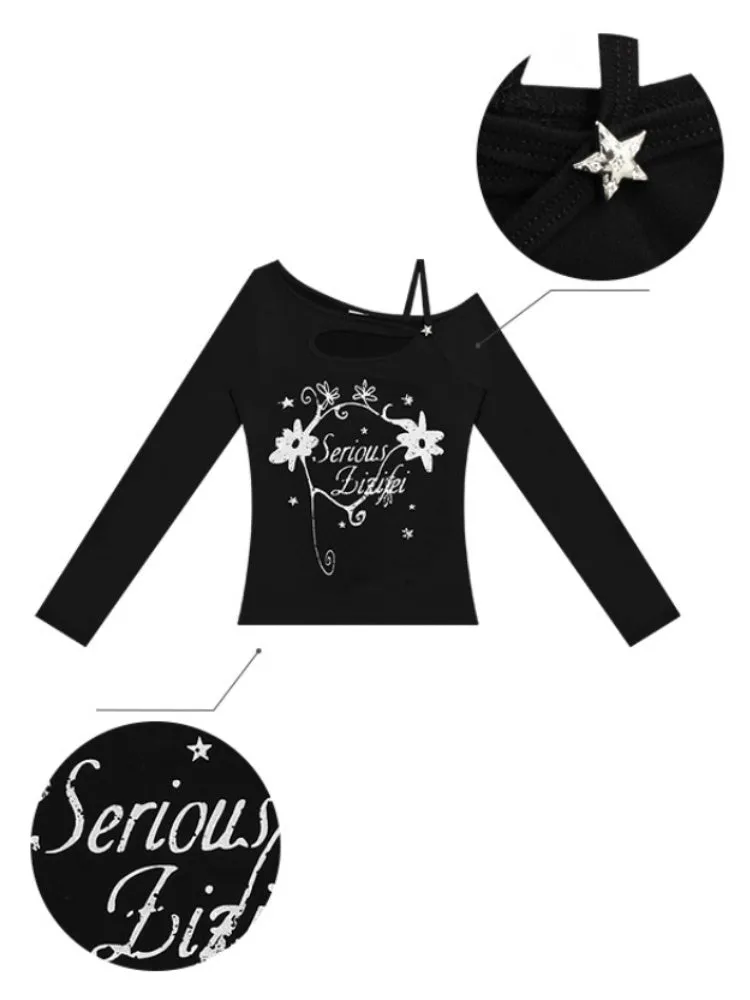 Cut Out Off Shoulder Irregular Neckline Long Sleeved T-Shirt【s0000011754】