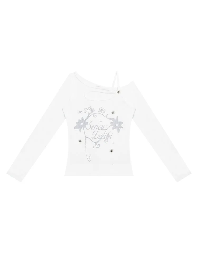 Cut Out Off Shoulder Irregular Neckline Long Sleeved T-Shirt【s0000011754】