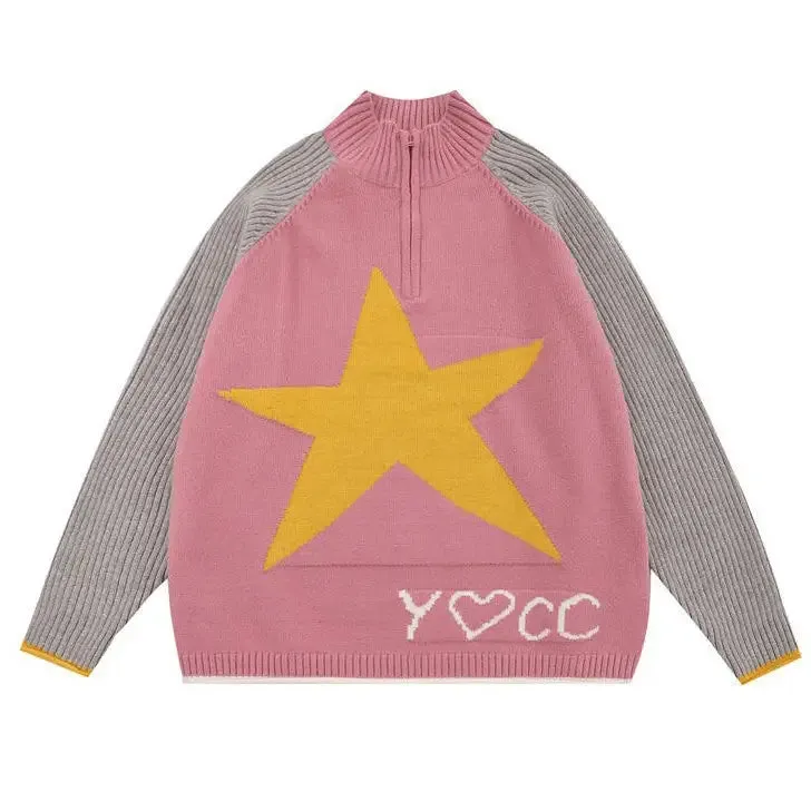 Cute Oversized Star Print Jacket with Zip-Up Closure