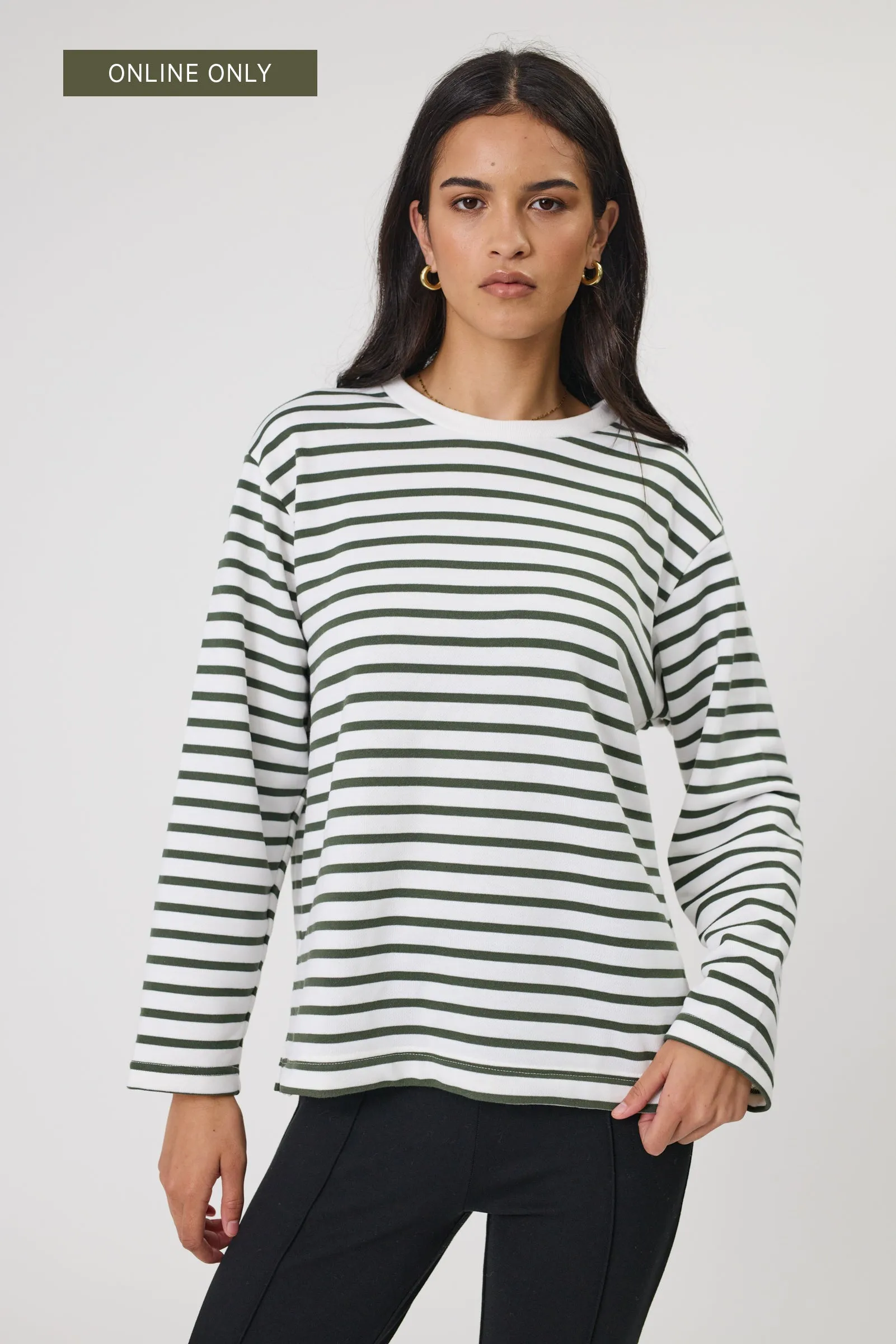 Daily L/S Sweat - Olive Stripe