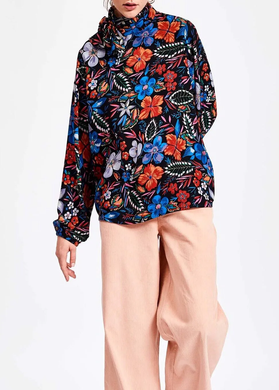 Dark blue floral pussy bow shirt