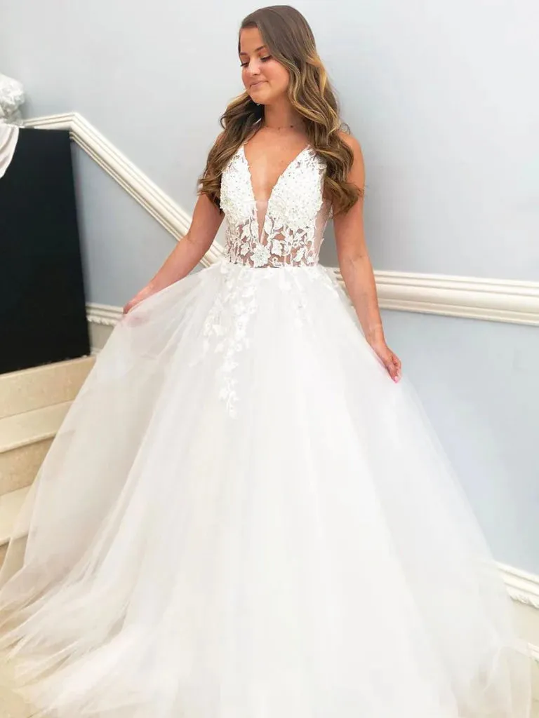 Deep V Neck Off White Lace Floral Tulle Bridal Dresses, White Lace Wedding Dresses OK1760