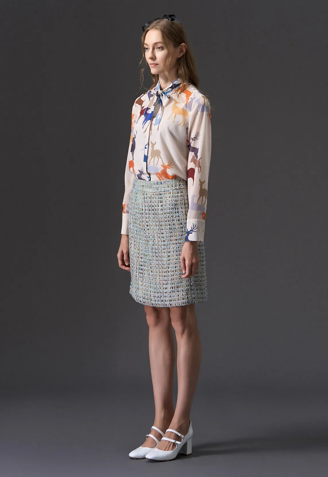 Deer Print Pussy-bow Collar Chiffon Blouse