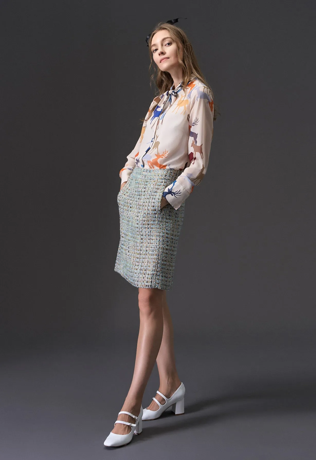 Deer Print Pussy-bow Collar Chiffon Blouse