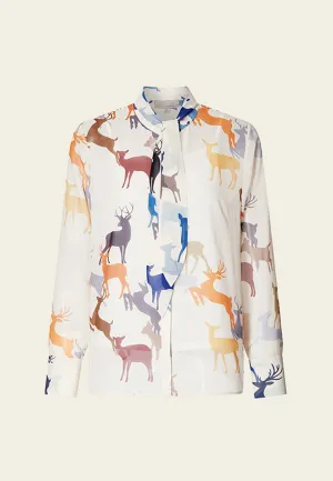 Deer Print Pussy-bow Collar Chiffon Blouse