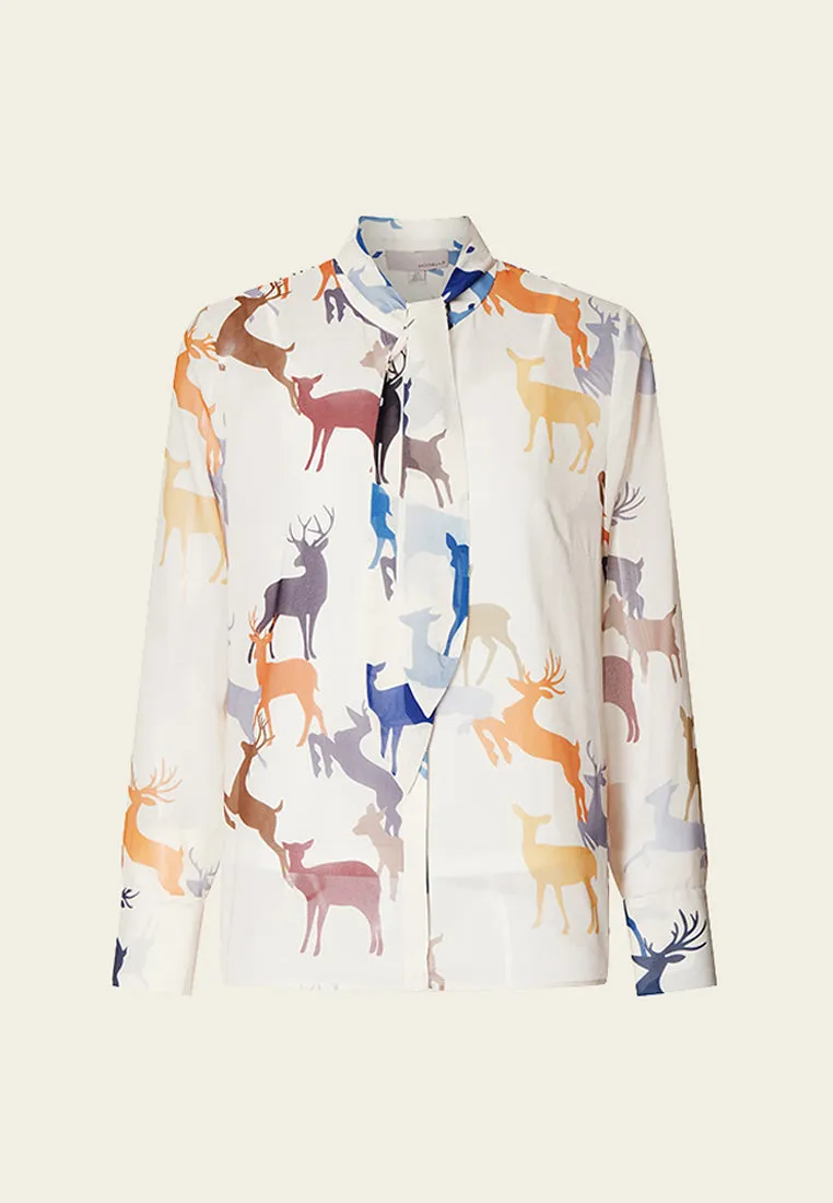 Deer Print Pussy-bow Collar Chiffon Blouse