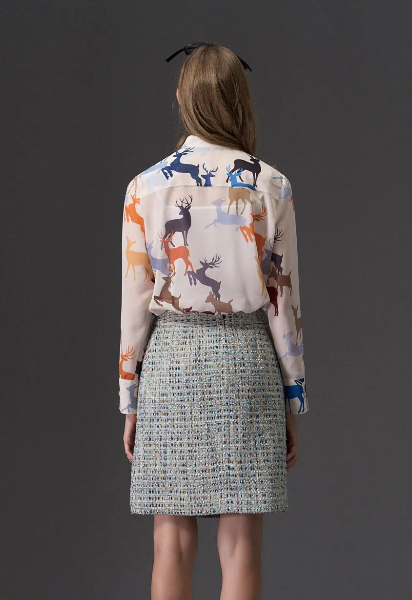 Deer Print Pussy-bow Collar Chiffon Blouse