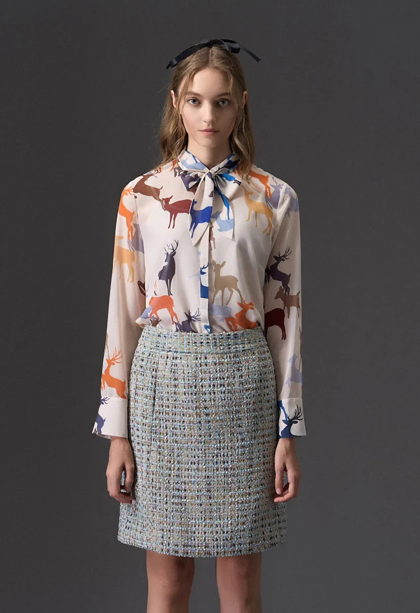 Deer Print Pussy-bow Collar Chiffon Blouse