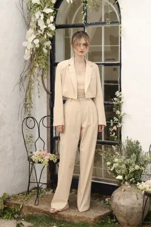Discounted! GIUSTINA 3 PIECE SET Crop Blazer with Crop Bandeau and Pleated Trouser (Nude Linen)