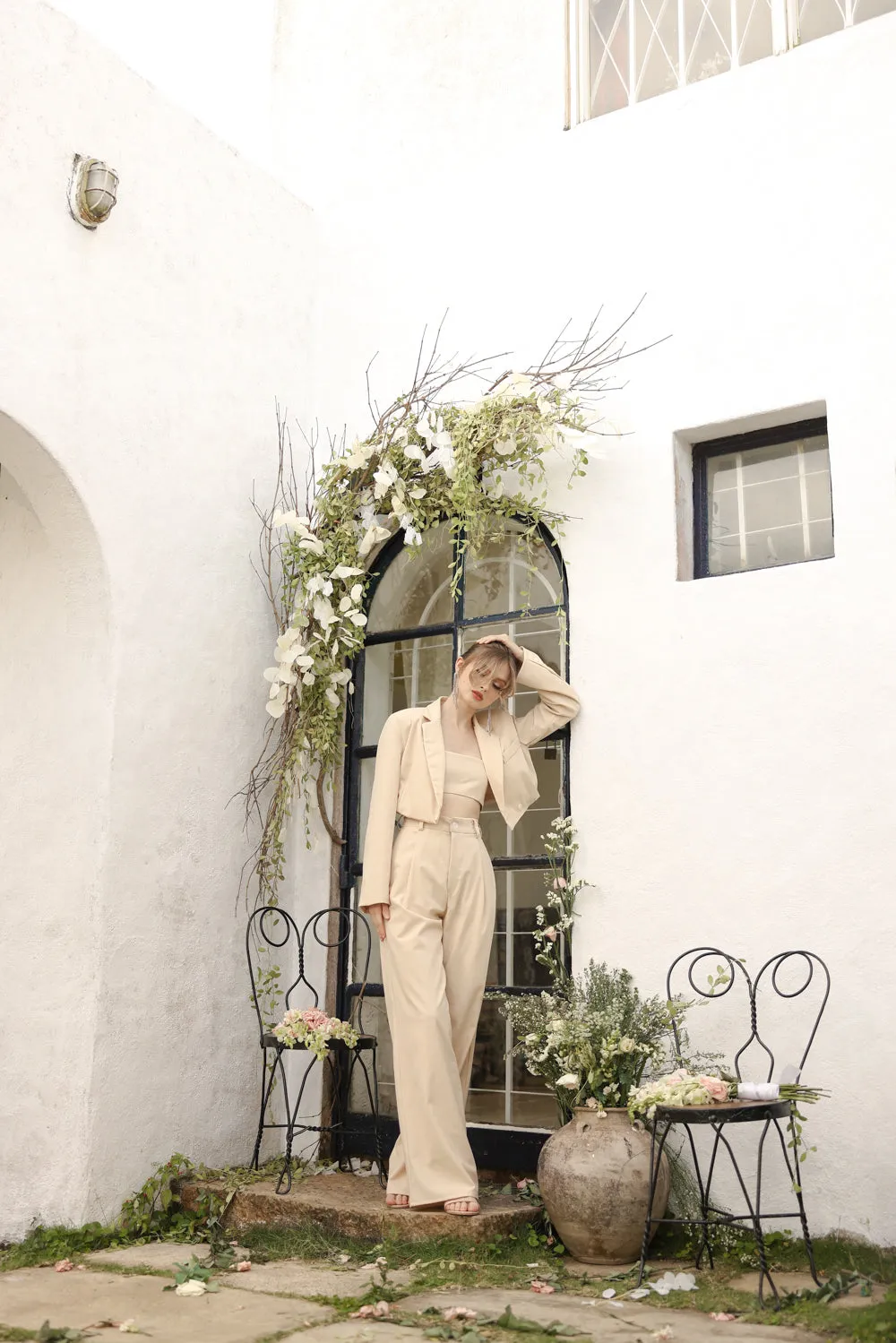 Discounted! GIUSTINA 3 PIECE SET Crop Blazer with Crop Bandeau and Pleated Trouser (Nude Linen)