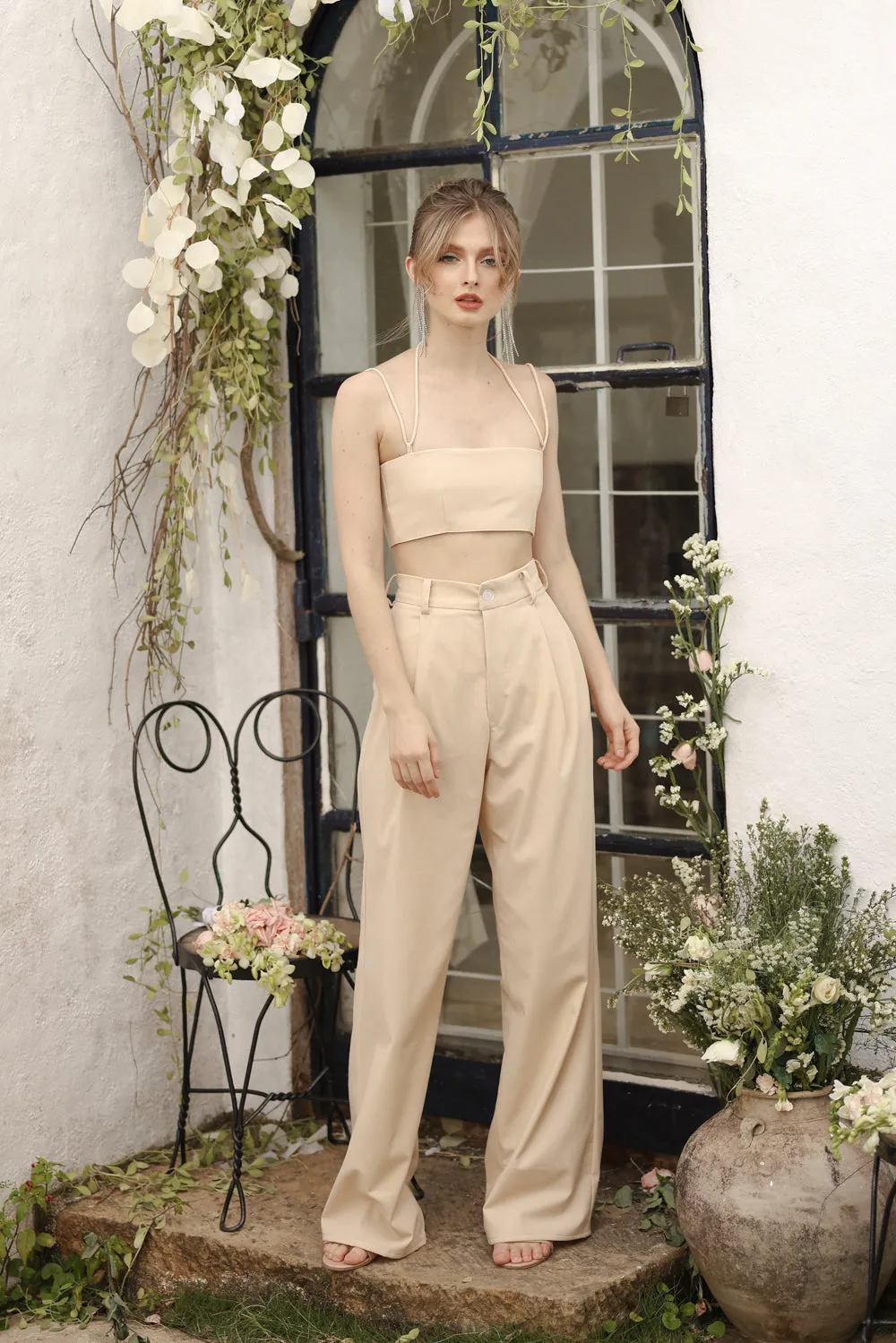 Discounted! GIUSTINA 3 PIECE SET Crop Blazer with Crop Bandeau and Pleated Trouser (Nude Linen)