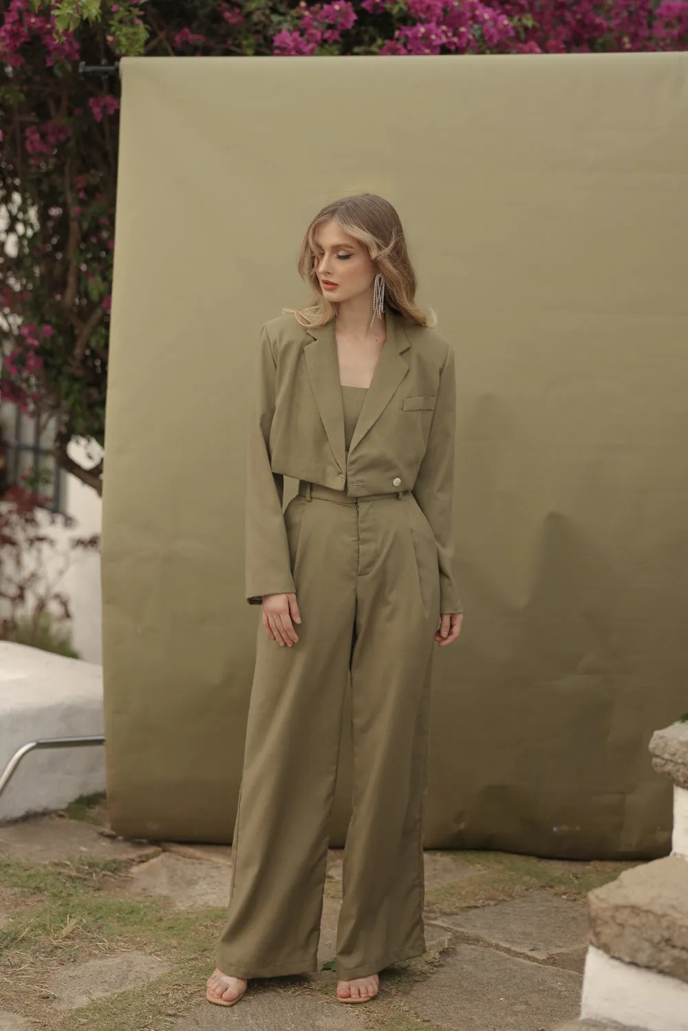 Discounted! GIUSTINA 3 PIECE SET Crop Blazer with Crop Bandeau and Pleated Trouser (Olive Linen)