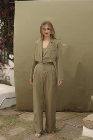 Discounted! GIUSTINA 3 PIECE SET Crop Blazer with Crop Bandeau and Pleated Trouser (Olive Linen)