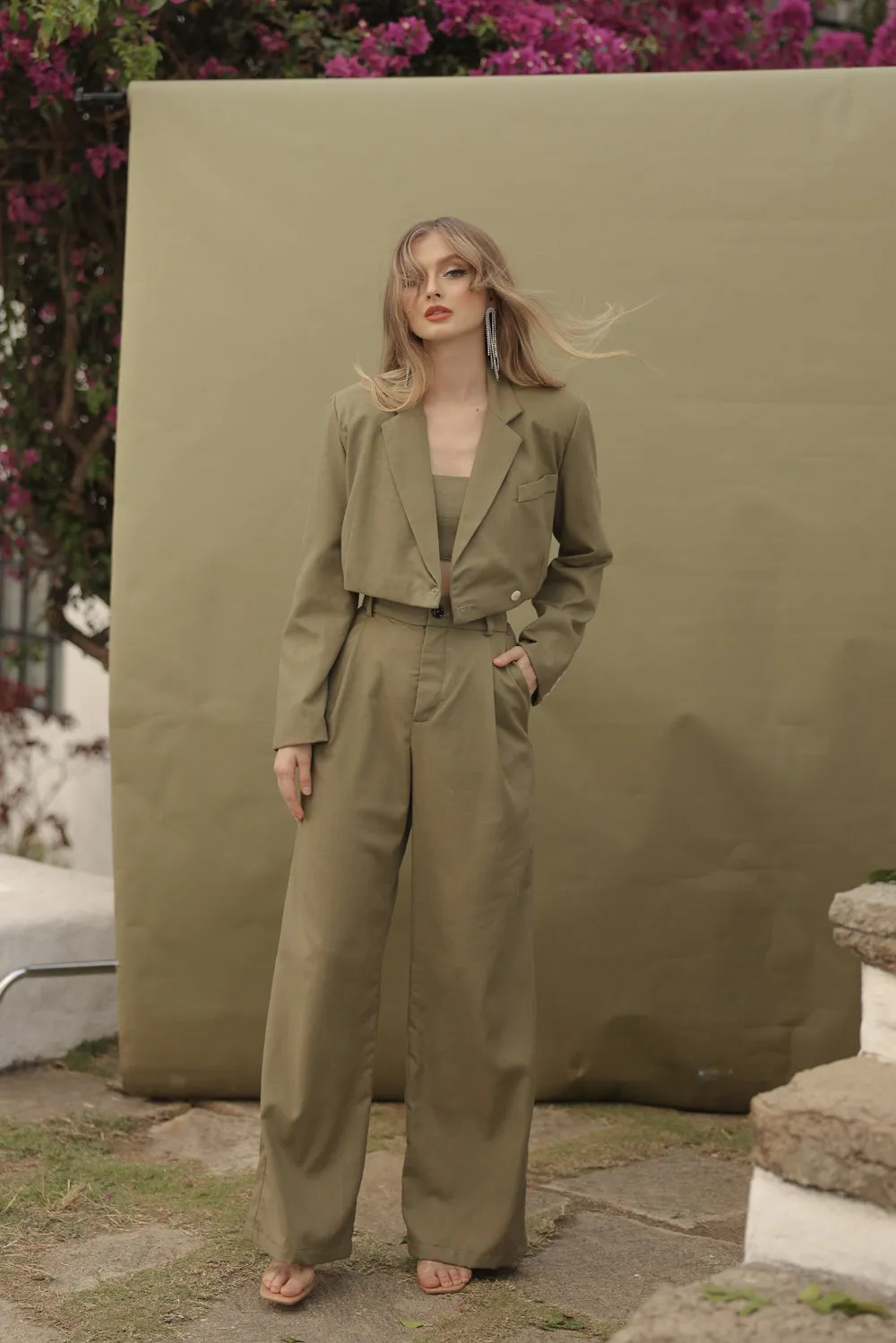Discounted! GIUSTINA 3 PIECE SET Crop Blazer with Crop Bandeau and Pleated Trouser (Olive Linen)