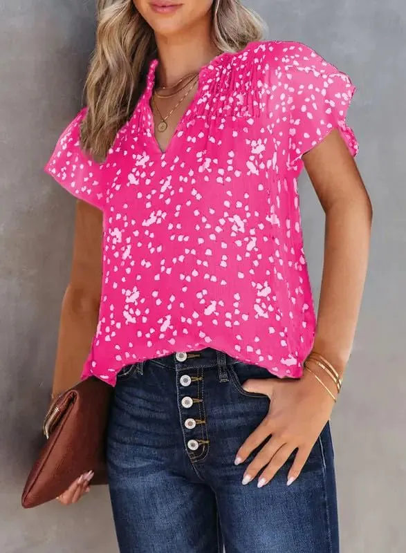Dokotoo Women's Casual V Neck Alicia Floral Print Smocked Short Sleeve Chiffon Blouses Bohemian Top Shirts X-Large Pink