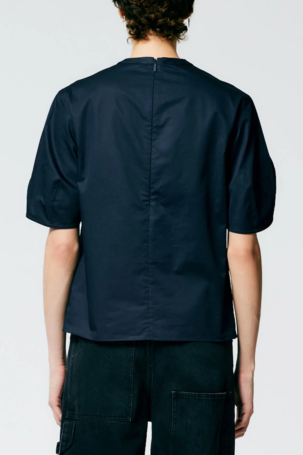 Eco Poplin Sculpted Sleeve Top With Cut Out Detail in Dark Navy
