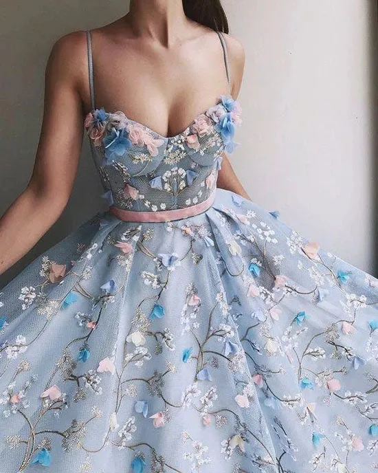 Elegant Sky Blue Spaghetti Straps Long Prom Dresses with Flower Appliques, SP600