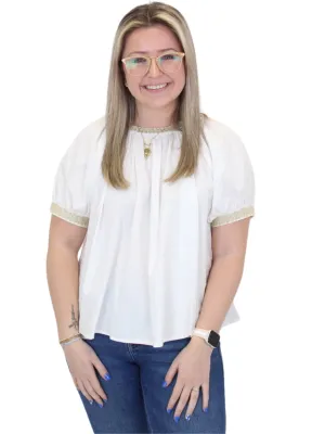 Embroidered Trim and Bow Detail Top - White