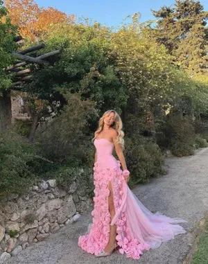 Fairy Pink Tulle Prom Dresses Strapless A-Line 3D Flowers High Side Slit Formal Occasion Dresses