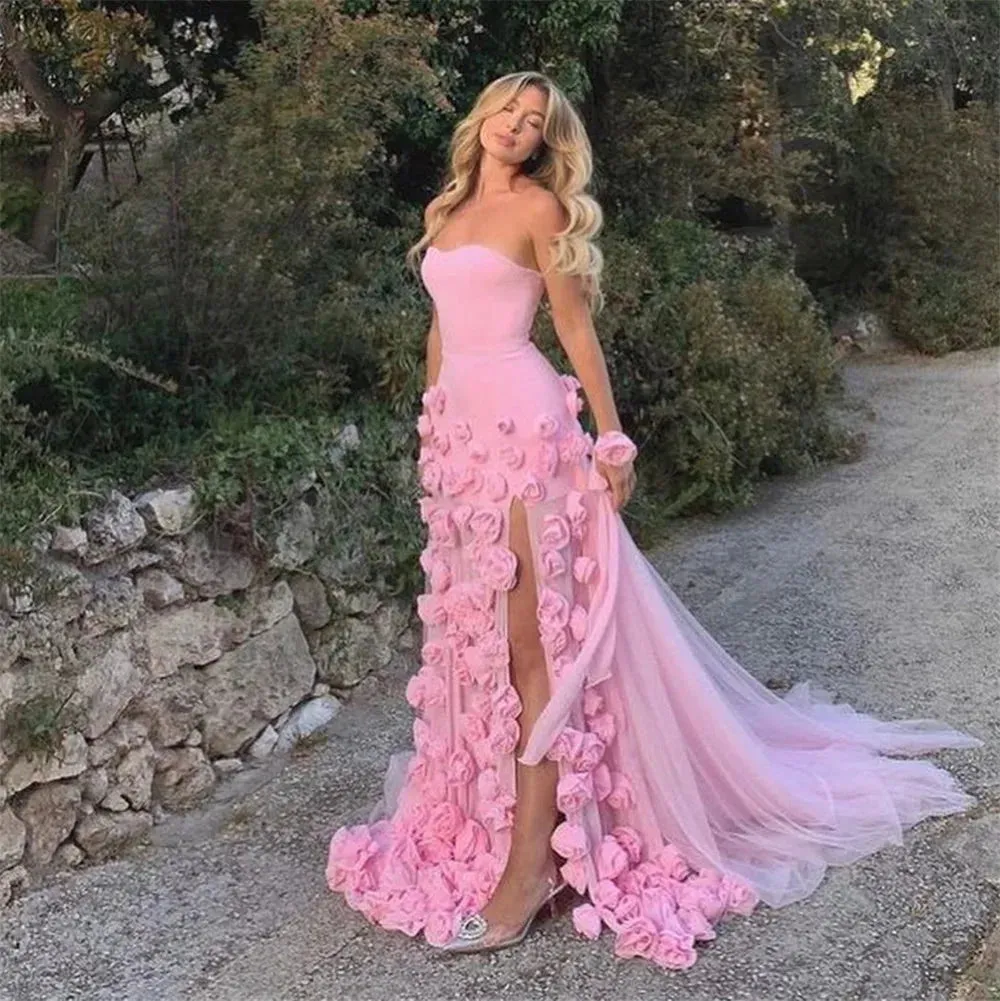Fairy Pink Tulle Prom Dresses Strapless A-Line 3D Flowers High Side Slit Formal Occasion Dresses
