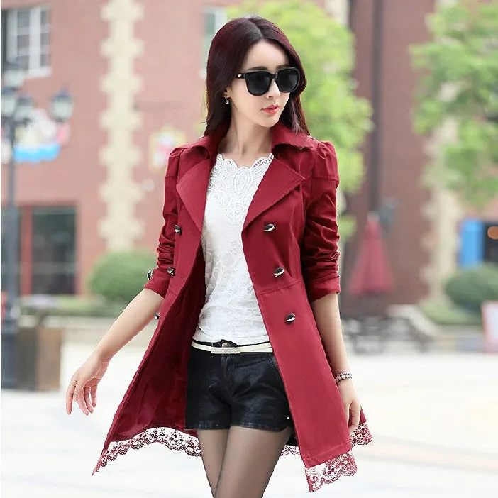 fashion female spring slim trench coat / women's lace lap style solid colour double breasted long coat / size M-XXXL