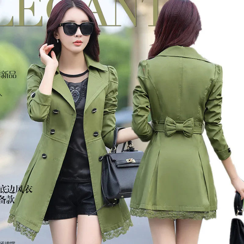 fashion female spring slim trench coat / women's lace lap style solid colour double breasted long coat / Slim windbreaker