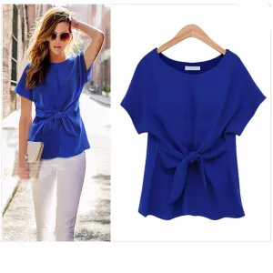 Fashion Women Blouses Bowknot O-neck Short Sleeve Chiffon Blouse Casual Vintage Tops Shirt Women Plus Size