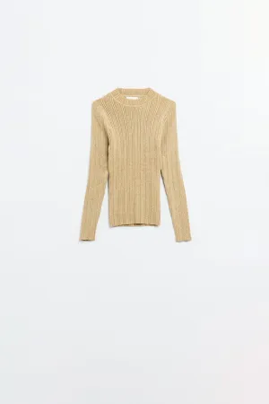Fitted ribbed sweater in beige with silver thread detail