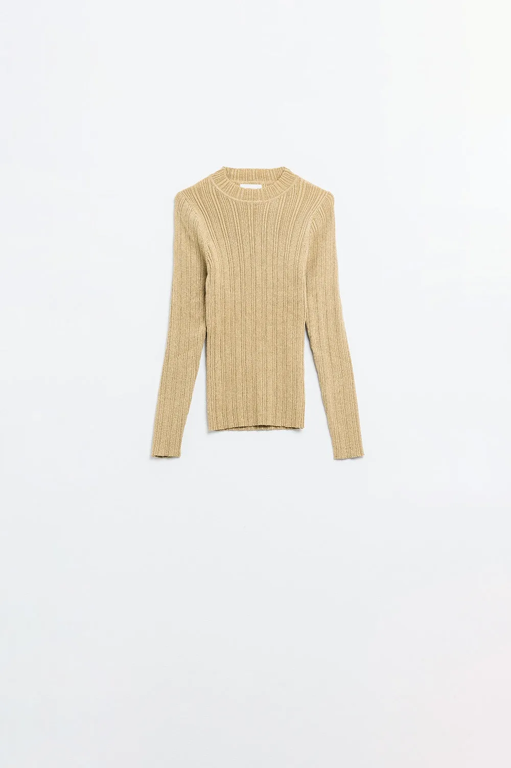 Fitted ribbed sweater in beige with silver thread detail