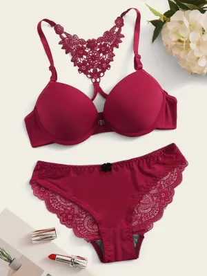Floral Lace Cut-out Crochet Underwire Lingerie Set