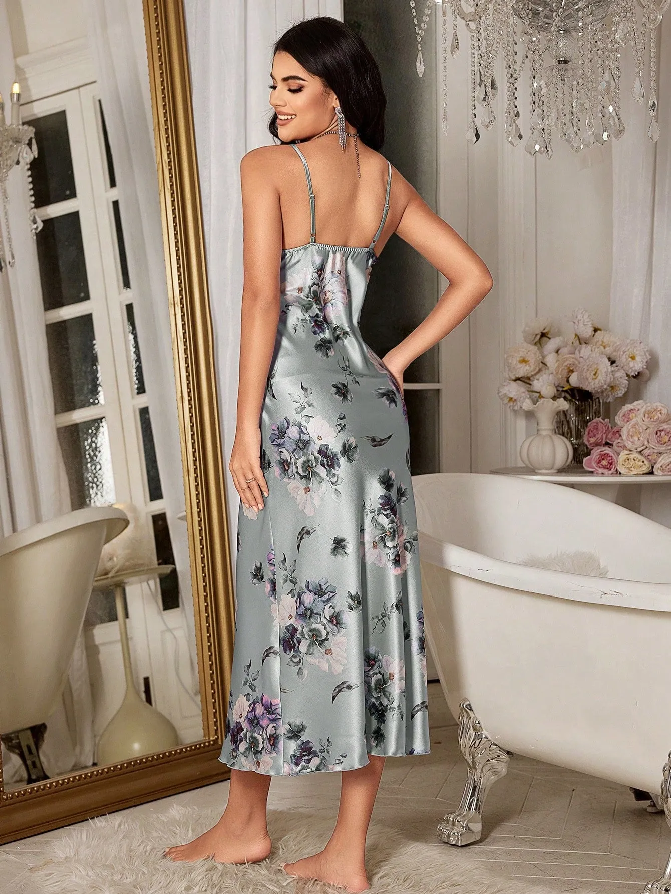 Floral Printed Satin Cami Slip Dress And Robe Pajama Set