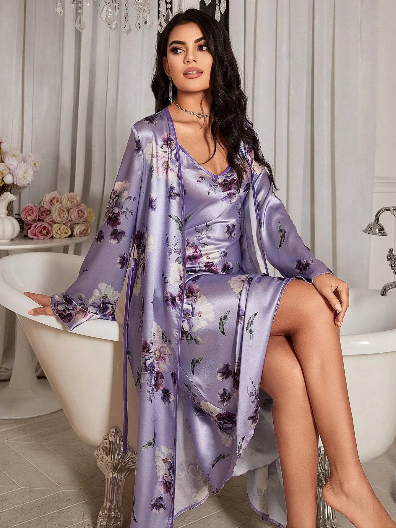 Floral Printed Satin Cami Slip Dress And Robe Pajama Set