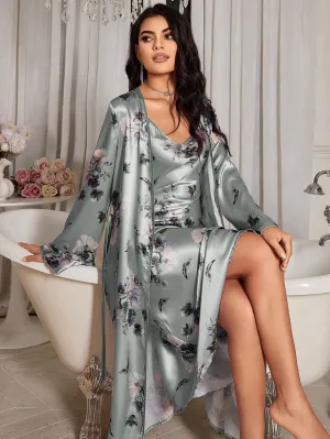 Floral Printed Satin Cami Slip Dress And Robe Pajama Set