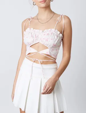 Floral Tie Ruffle Cut Out Crop Top