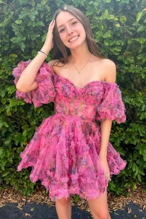 Fuchsia Tulle A-line Puff Sleeves Off Shoulder Homecoming Dresses, MH653